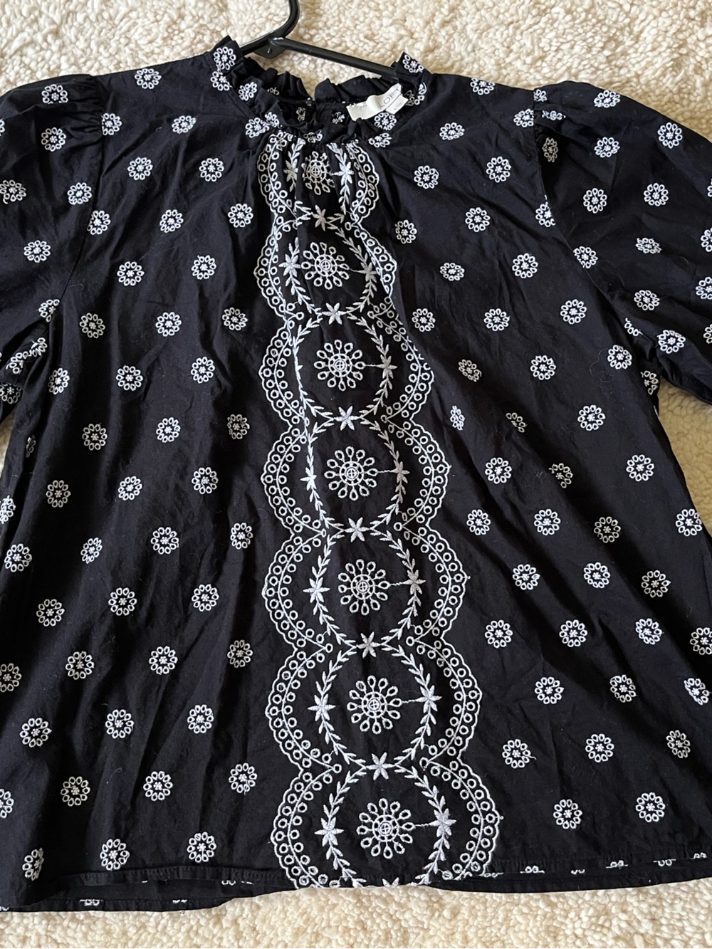 LOFT Black Blouse with White Embroidered Trim